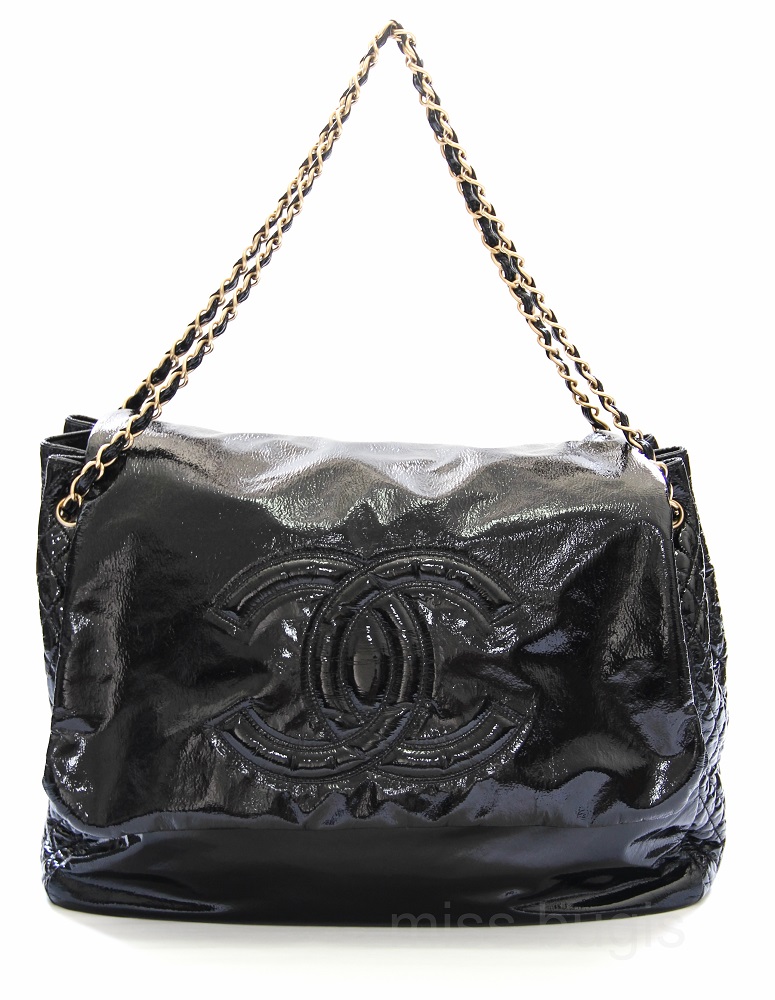 CHANEL BLACK PATENT LEATHER VINTAGE GRAND SHOPPING TOTE New Handles