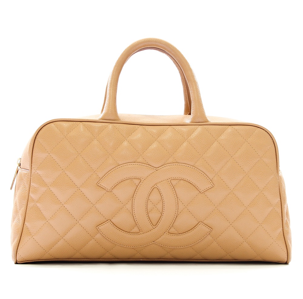 Chanel Beige Quilted Caviar Leather Timeless Bowler