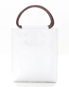 Chanel White Caviar Leather Burled Wood Handles Tote