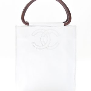 Chanel White Caviar Leather Burled Wood Handles Tote