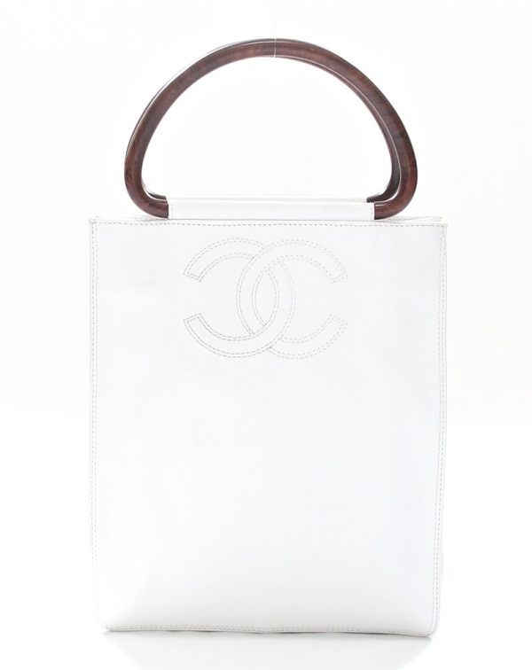 Chanel White Caviar Leather Burled Wood Handles Tote