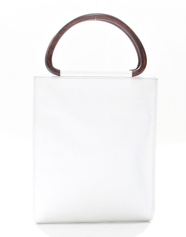 Chanel White Caviar Leather Burled Wood Handles Tote