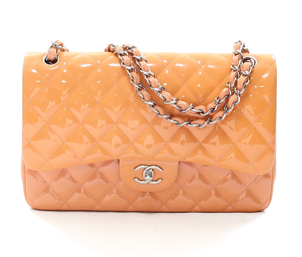 Chanel Orange Quilted Patent Leather Classic Jumbo Double Flap Bag