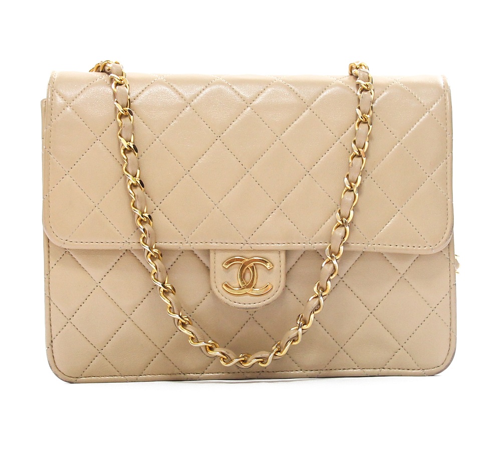 Chanel Beige Quilted Lambskin Leather Wallet On Chain