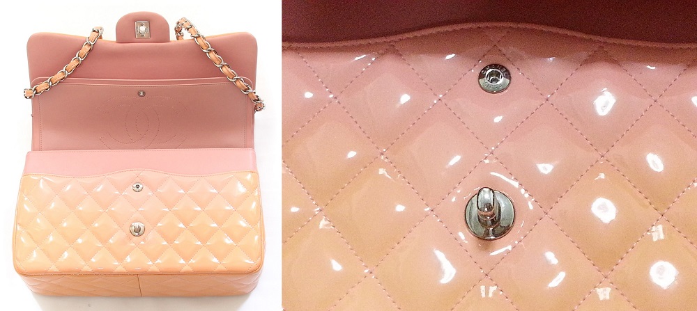 Discolouration on Chanel Orange Quilted Patent Leather Classic Jumbo Double Flap Bag