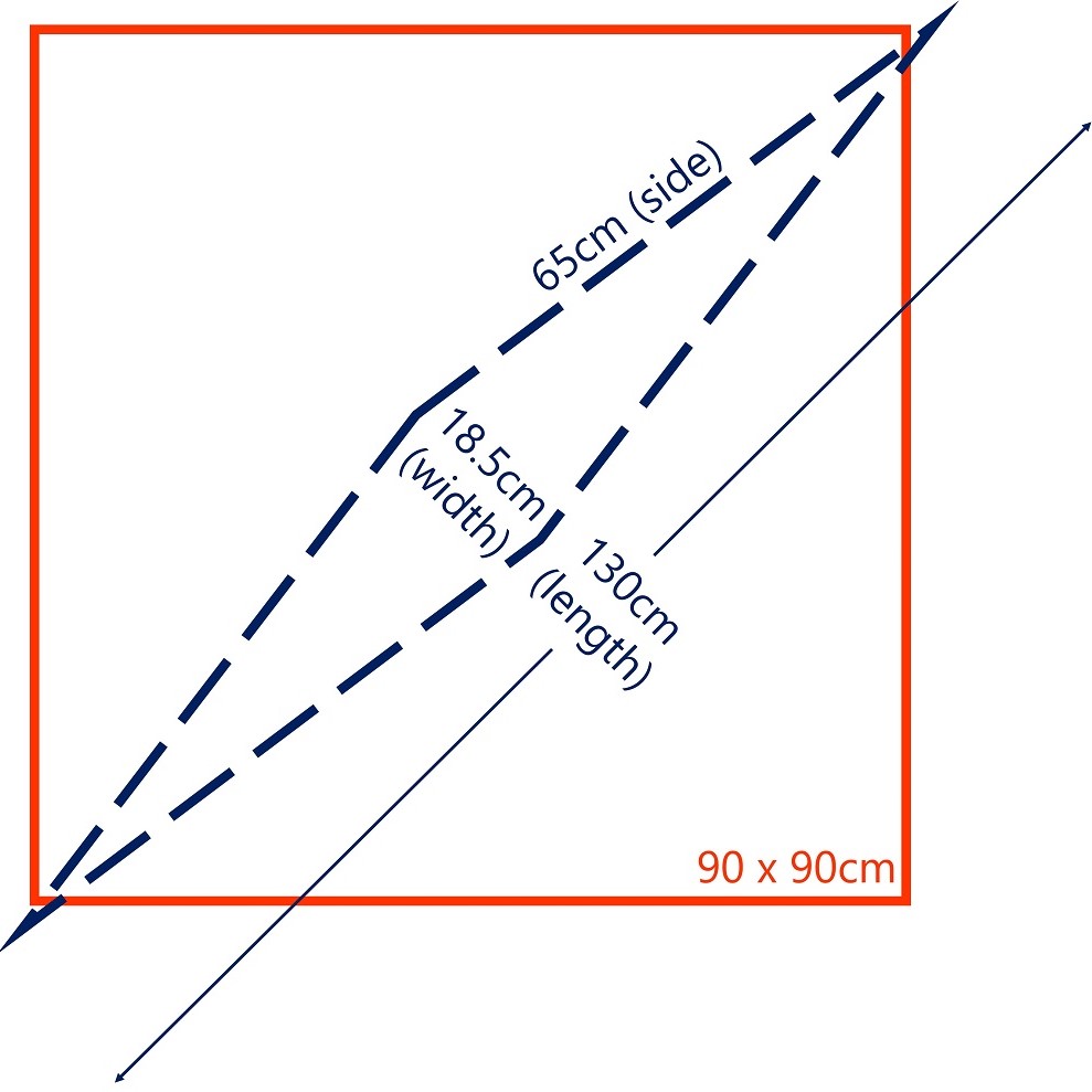 Diagram illustrates the size and shape comparisons between Hermes 90cm square and pleated silk scarves.