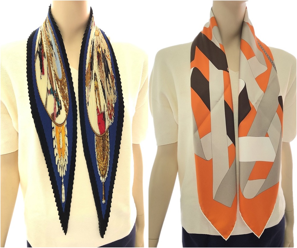 Hermes 90cm pleated silk scarf vs smooth scarf.