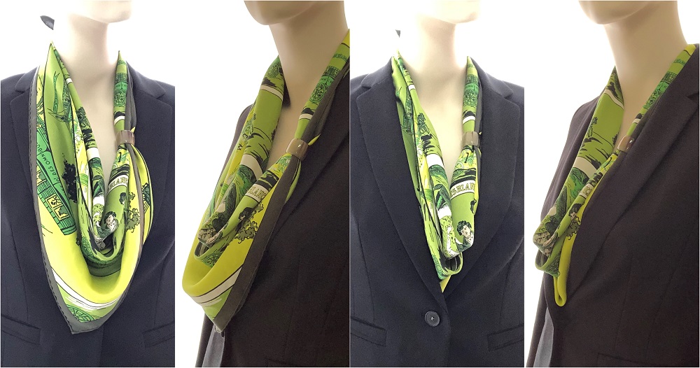 You can leave the scarf as it is (top) once done or tuck it inside your suit (bottom).