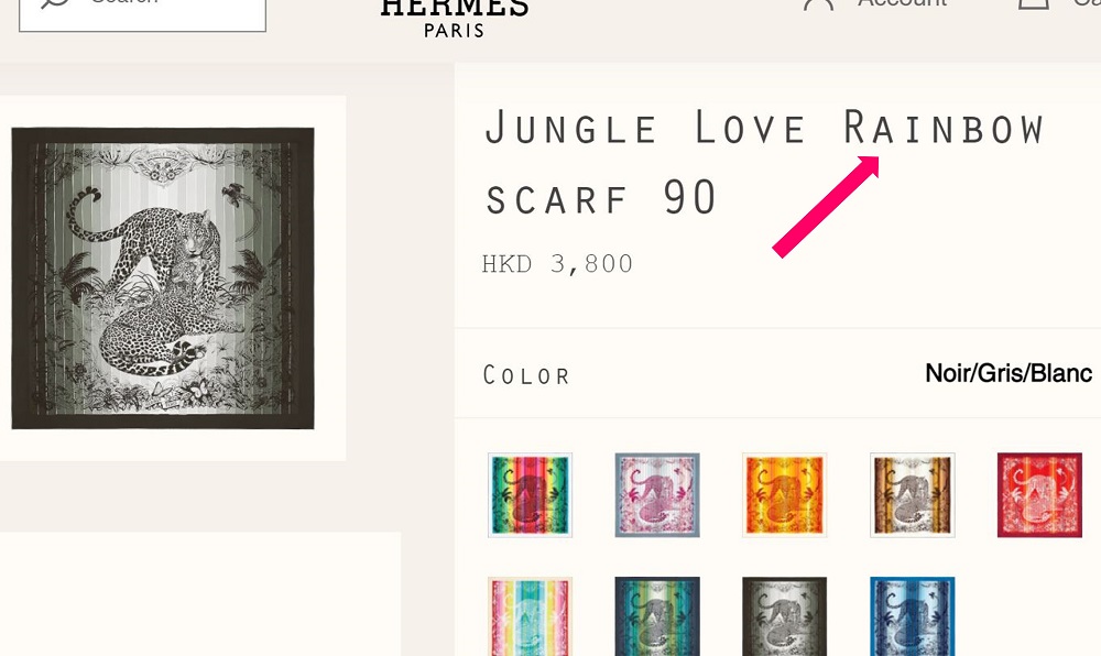 Hermes scarf titled "Jungle Love Rainbow" on Hermes Hong Kong website.