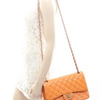 Chanel Orange Quilted Patent Leather Classic Jumbo Double Flap Bag